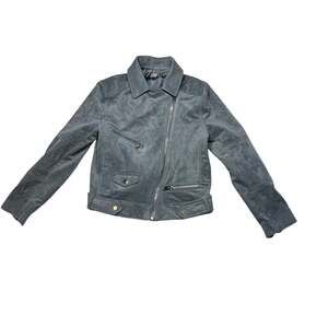HM Divided Moto Jacket Faux Suede Asymmetric Full Zip 6 Gray Biker Crop